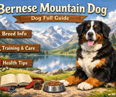 Bernese Mountain Dog with tricolor coat and calm demeanor.