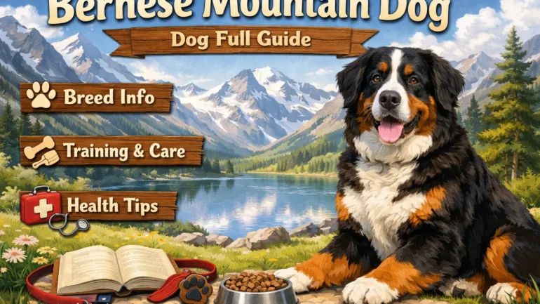 Bernese Mountain Dog with tricolor coat and calm demeanor.