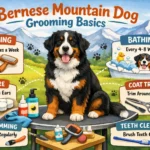 Bernese Mountain Dog being groomed with brushing and coat care tools