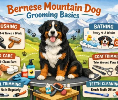 Bernese Mountain Dog grooming basics showing a large double-coated dog being brushed at home