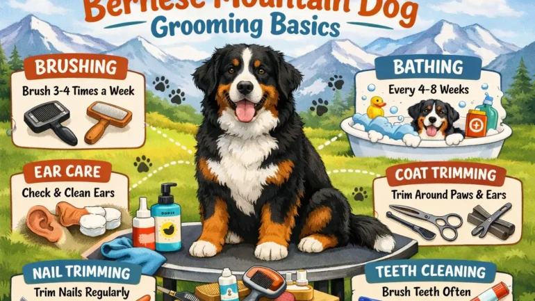 Bernese Mountain Dog grooming basics showing a large double-coated dog being brushed at home