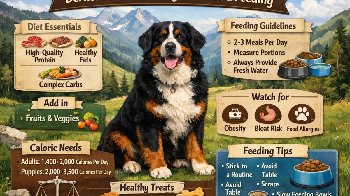 Bernese-Mountain-eating a measured meal, showing proper nutrition and portion control