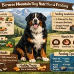 Bernese Mountain Dog feeding chart showing daily food amounts by age weight and activity level