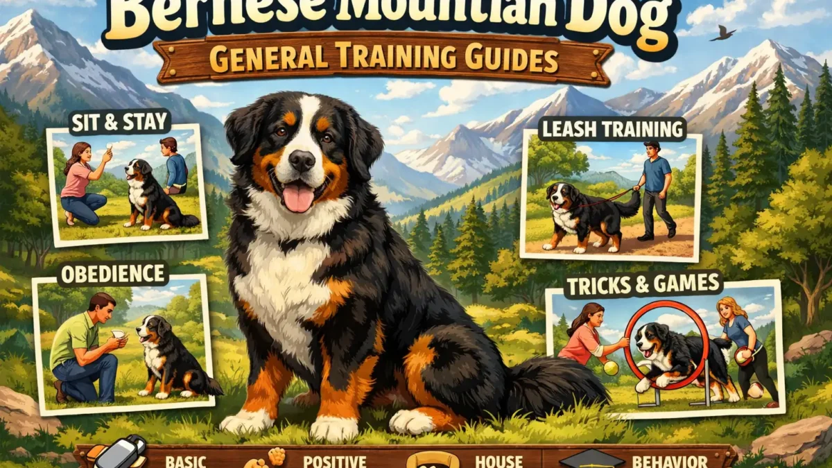 Bernese Mountain Dog training with a calm adult dog learning basic obedience outdoors