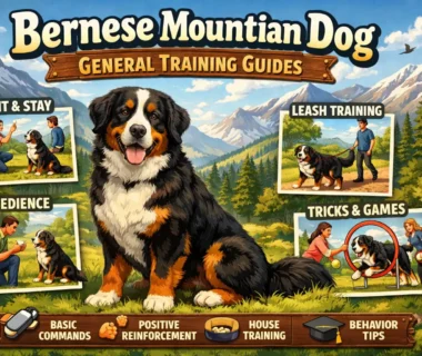 Bernese Mountain Dog training with a calm adult dog learning basic obedience outdoors