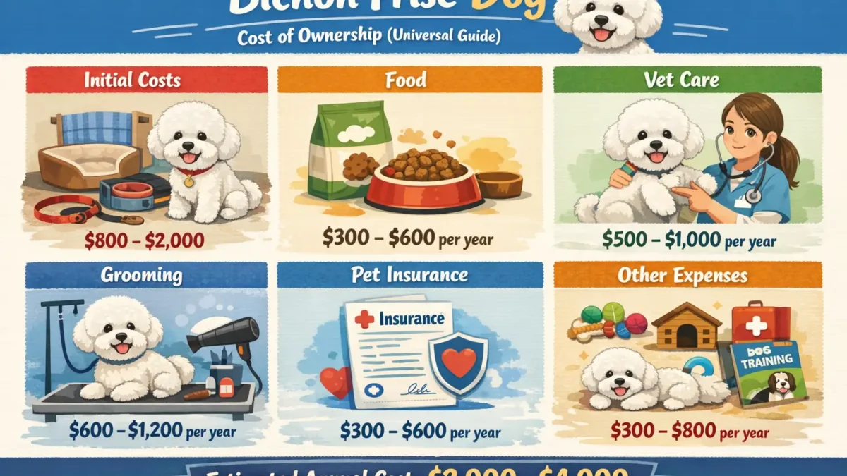 Bichon Frise dog with a fluffy white curly coat outdoors, showing the typical appearance of the breed for a cost of ownership guide