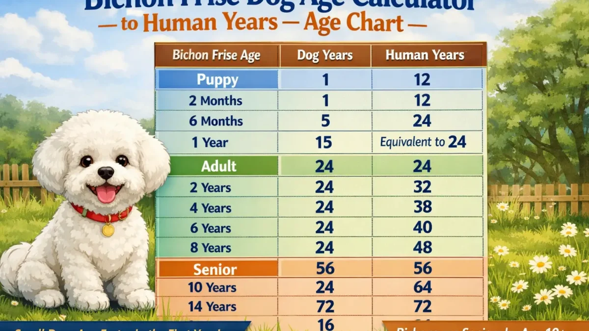 Bichon Frise dog age calculator showing a small white Bichon Frise with a dog years to human years age chart