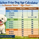Bichon Frise age chart showing dog years to human years for a small white Bichon Frise