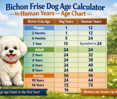 Bichon Frise dog age calculator showing a small white Bichon Frise with a dog years to human years age chart