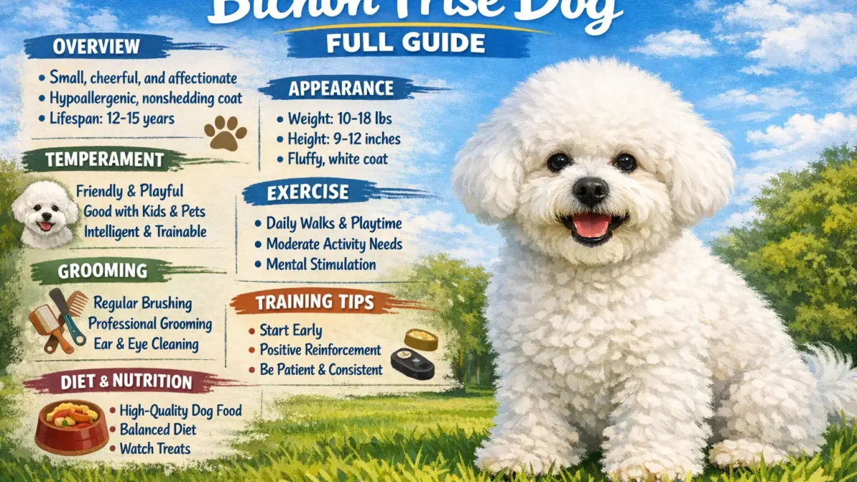 Bichon Frise dog with a fluffy white curly coat standing alert and friendly