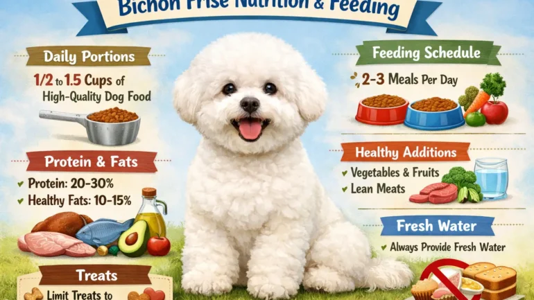 Bichon Frise dog eating a balanced meal as part of a healthy daily nutrition and feeding routine