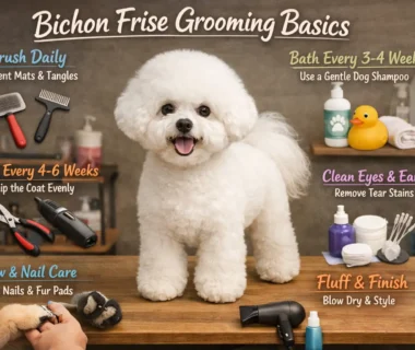 Bichon Frise grooming showing a small white dog with a curly coat being brushed on a grooming table