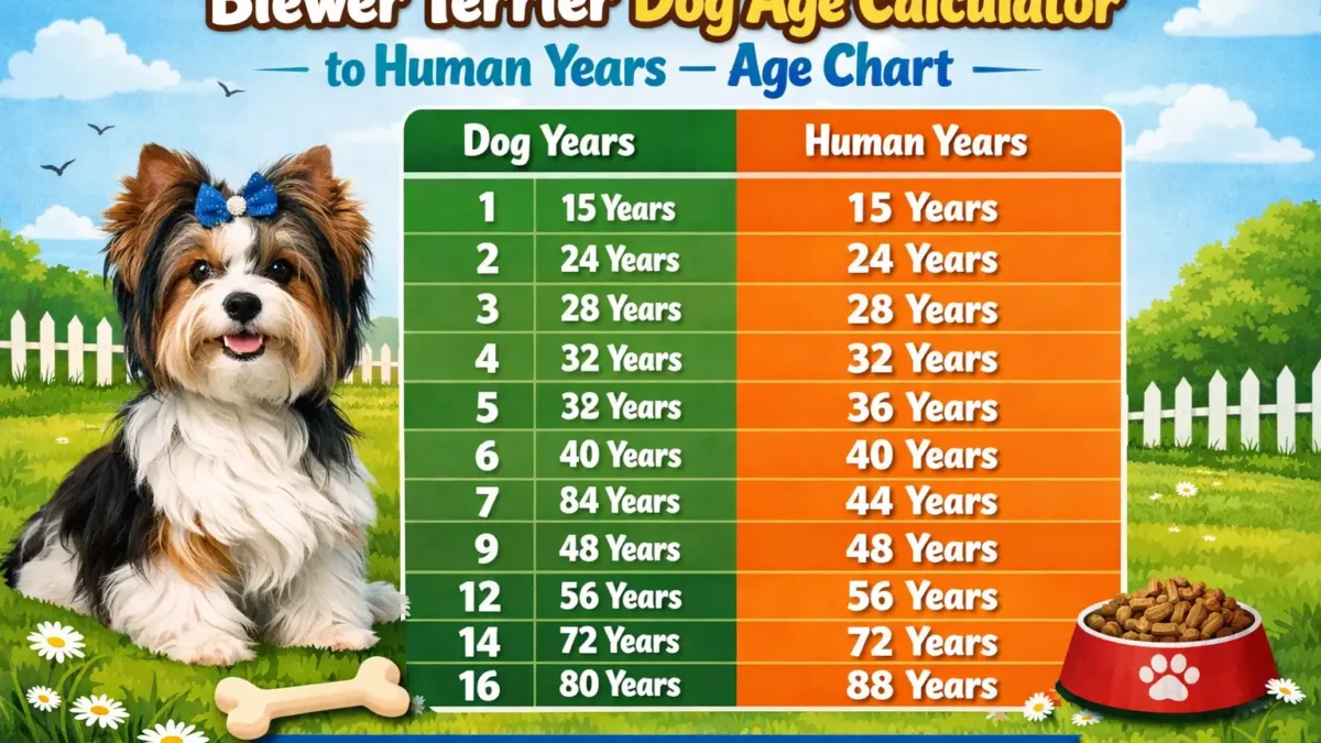 Biewer Terrier age calculator showing a small tri-color Biewer Terrier dog at different life stages from puppy to senior