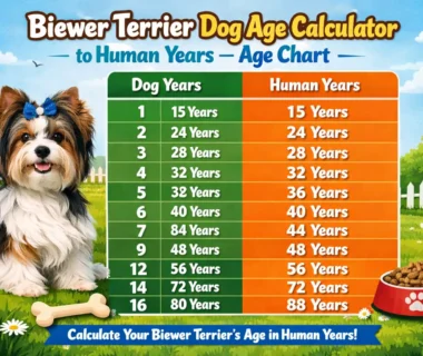 Biewer Terrier age calculator showing a small tri-color Biewer Terrier dog at different life stages from puppy to senior