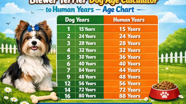 Biewer Terrier age calculator showing a small tri-color Biewer Terrier dog at different life stages from puppy to senior