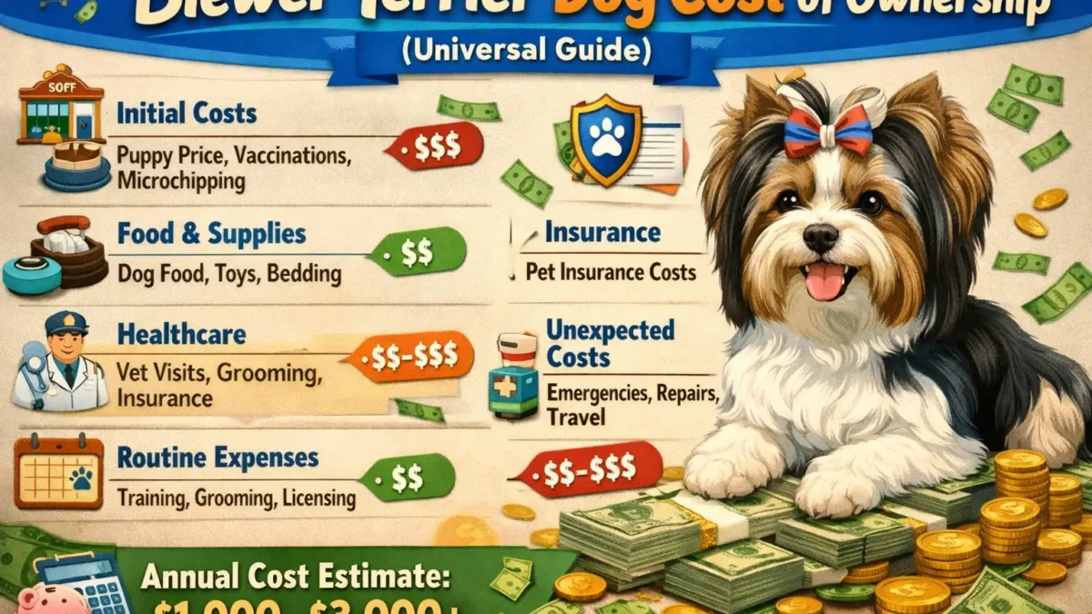 Biewer Terrier cost of ownership shown with an adult Biewer Terrier standing outdoors with its long silky coat