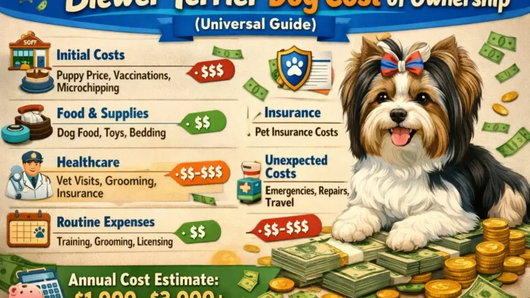 Biewer Terrier cost of ownership shown with an adult Biewer Terrier standing outdoors with its long silky coat