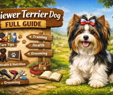 Biewer Terrier dog with a long tri-color coat standing alert indoors, showing the breed’s small size and silky hair.