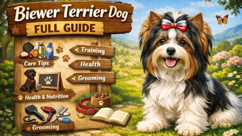 Biewer Terrier dog with a long tri-color coat standing alert indoors, showing the breed’s small size and silky hair.