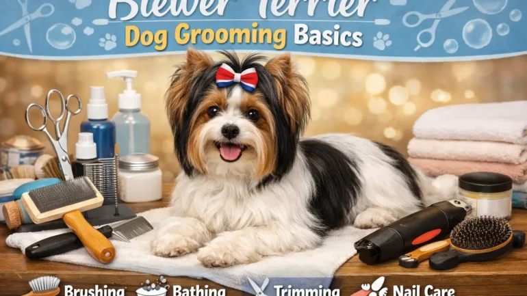 Biewer Terrier grooming showing a long-haired, silky-coated dog being gently brushed at home