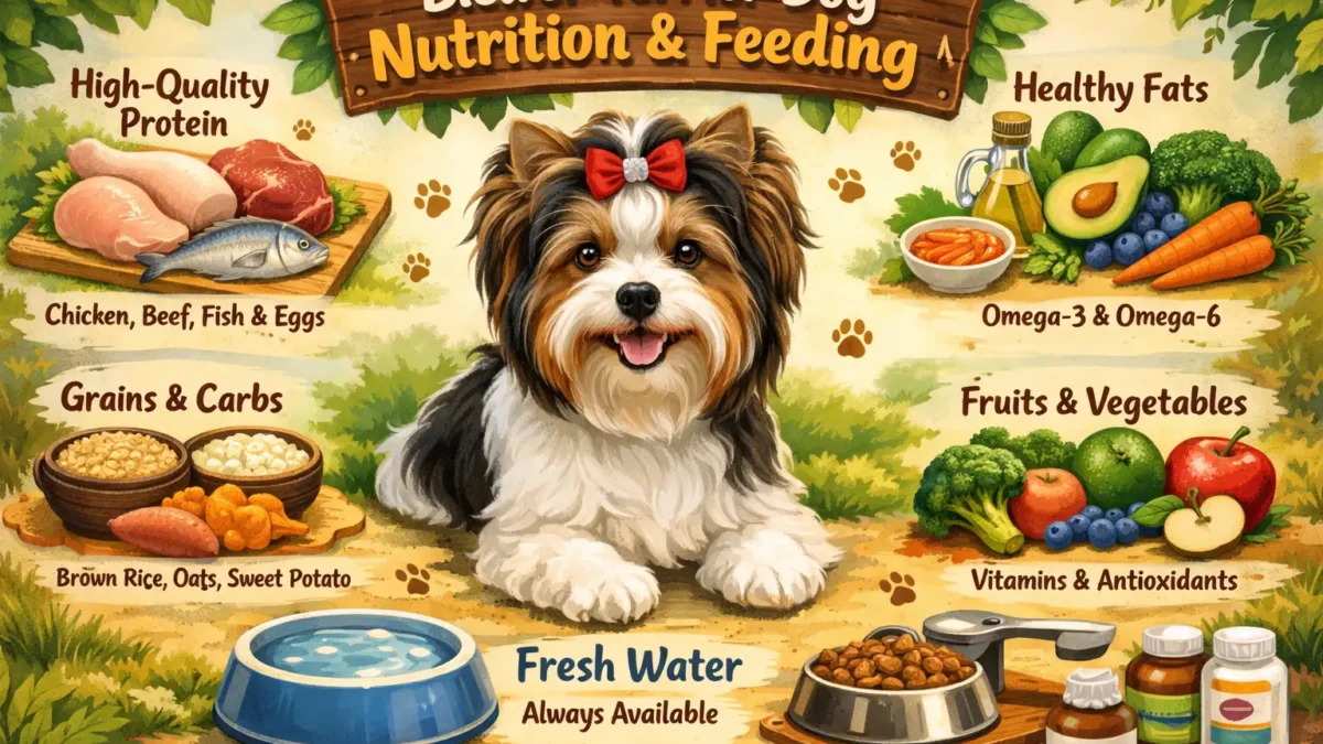 Biewer Terrier nutrition guide showing a small tri-color dog with healthy coat and balanced meal
