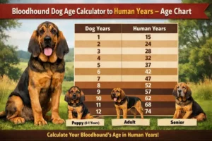 Bloodhound puppy sitting beside adult Bloodhound, showing size and facial changes from puppy to adult