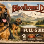 Adult Bloodhound with loose wrinkled skin, long drooping ears, and short tan and black coat standing outdoors