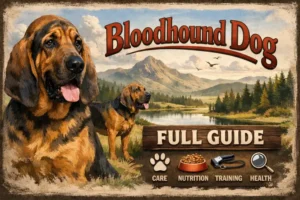 Adult Bloodhound with loose wrinkled skin, long drooping ears, and short tan and black coat standing outdoors