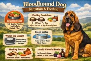 Adult Bloodhound eating from a bowl, showing large build and deep chest typical of the breed