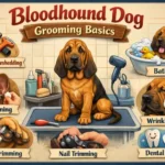 Bloodhound being brushed, highlighting short coat, loose skin folds, and long ears needing regular care