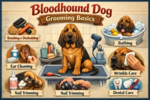 Bloodhound being brushed, highlighting short coat, loose skin folds, and long ears needing regular care