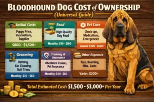 Bloodhound resting at home with food bowls and accessories, representing daily care and ownership needs