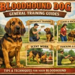 : Bloodhound dog practicing leash training with owner, showing calm and scent-focused temperament