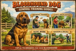 : Bloodhound dog practicing leash training with owner, showing calm and scent-focused temperament
