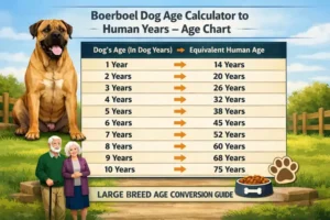 Boerboel puppy and adult dog side by side to illustrate growth stages and size differences used in a Boerboel dog age-to-human-years comparison chart.
