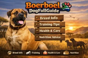 Large, muscular Boerboel dog with a short coat standing alert outdoors, showing the breed’s powerful build, broad head, and calm, confident expression in common fawn and brown colors.