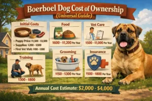 Adult Boerboel dog with its owner in a home setting, representing the ongoing costs of food, training, veterinary care, and general ownership for a large dog breed.