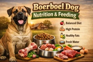 Large Boerboel dog eating from a bowl, illustrating proper portion size, muscular body condition, and nutritional needs for a giant, active guardian breed.