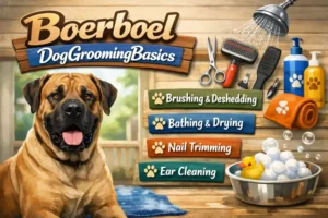 Short-coated Boerboel dog being brushed lightly, showing the breed’s low-maintenance coat, large body size, and typical fawn and brindle coloring.