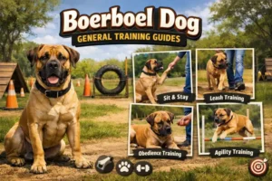 Adult Boerboel dog sitting attentively during training, highlighting the breed’s intelligence, strong working build, and focused temperament in a controlled outdoor setting.