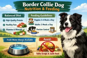 Active Border Collie eating from a bowl, supporting high energy and lean body condition.