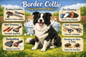 Border Collie being brushed, showing feathered coat and regular grooming needs.