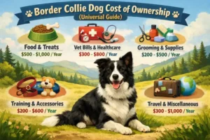 Border Collie at home with toys, food, and care items representing ownership expenses.
