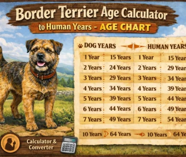 Border Terrier age calculator showing a small, rough-coated Border Terrier standing outdoors, used to compare dog years to human years.