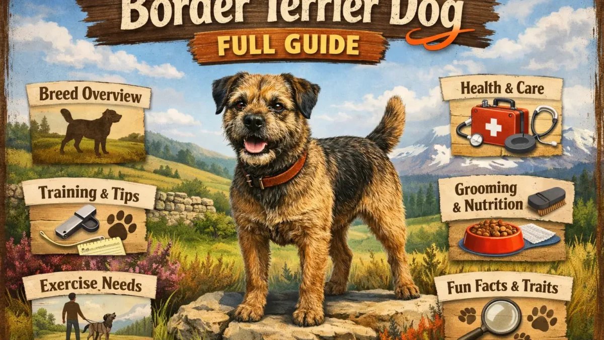 Adult Border Terrier dog breed standing outdoors, showing wiry coat, otter-shaped head, and small athletic build