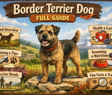 Adult Border Terrier dog breed standing outdoors, showing wiry coat, otter-shaped head, and small athletic build