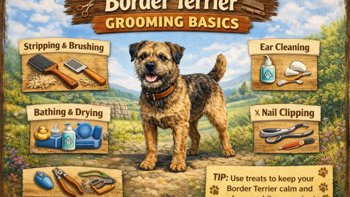 A Border Terrier being groomed, showing its wiry coat and soft undercoat, highlighting the importance of regular brushing and hand stripping.