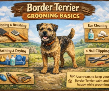 A Border Terrier being groomed, showing its wiry coat and soft undercoat, highlighting the importance of regular brushing and hand stripping.