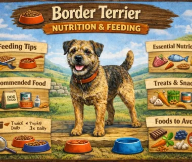 Healthy Border Terrier eating a balanced meal with kibble and fresh ingredients, showcasing proper nutrition.