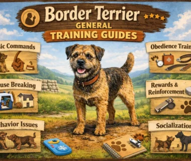 Border Terrier training session showing an alert adult Border Terrier learning basic obedience outdoors